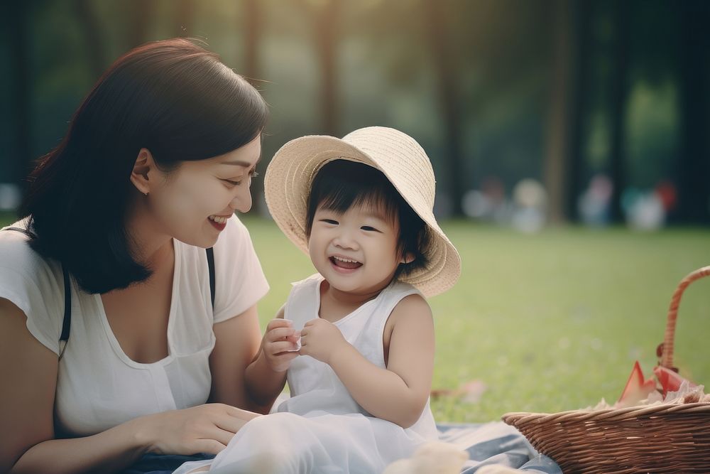 Asian mother and child sit picnic in a park family adult happy. AI generated Image by rawpixel.