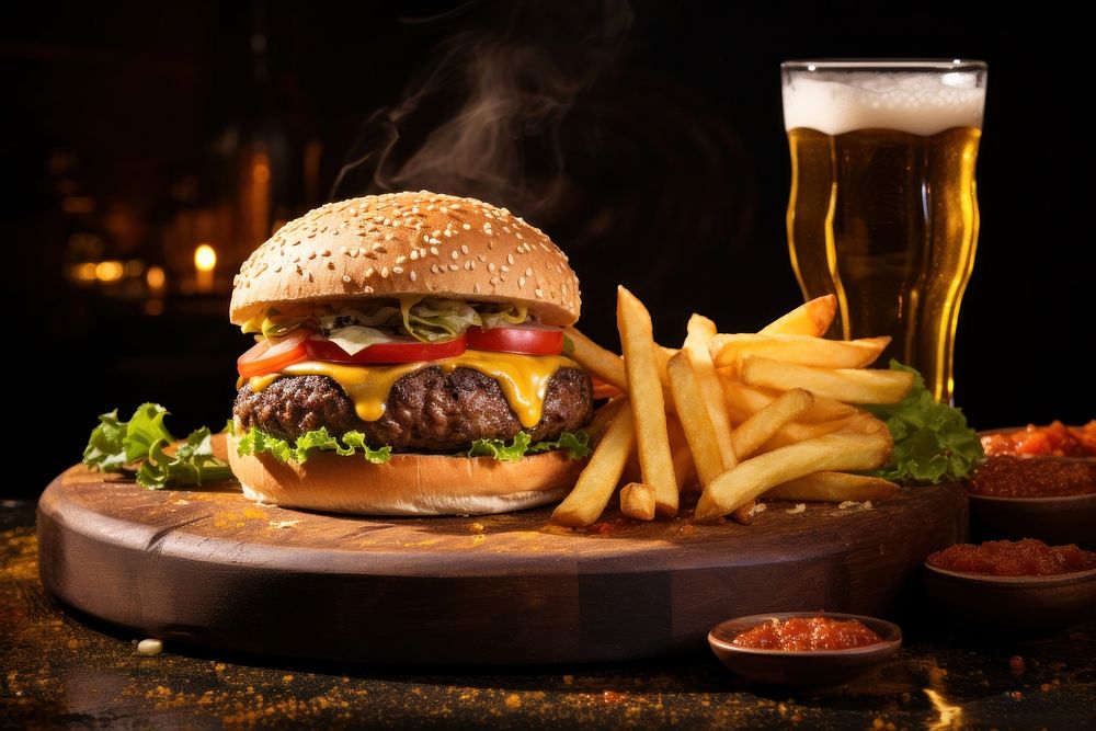 Cheeseburger drink sesame bread. AI generated Image by rawpixel.