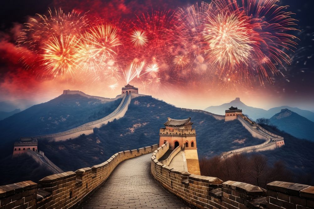 Great Wall of China fireworks event new year's eve. AI generated Image by rawpixel.