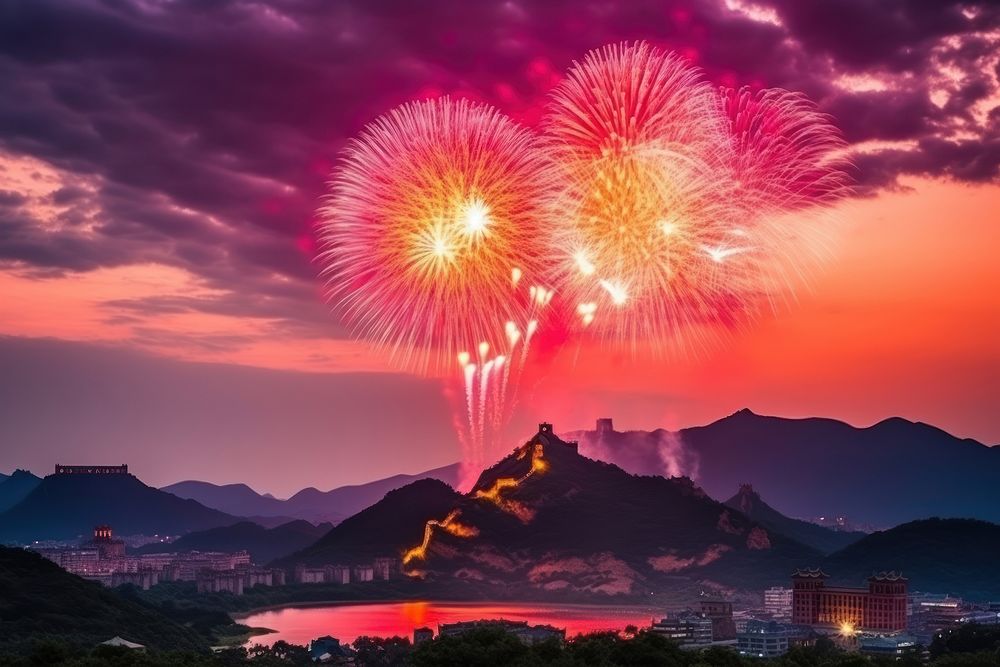 Great Wall of China fireworks architecture mountain. AI generated Image by rawpixel.