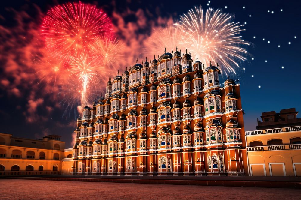 Architecture fireworks building landmark. AI generated Image by rawpixel.