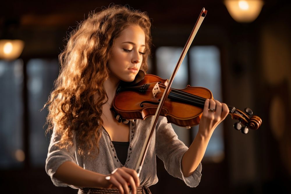 Female student playing violin musician concentration entertainment. AI generated Image by rawpixel.