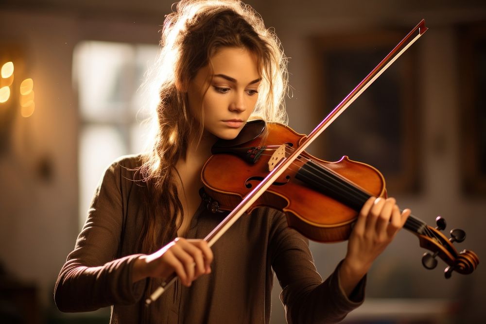 Female student playing violin musician concentration performance. AI generated Image by rawpixel.