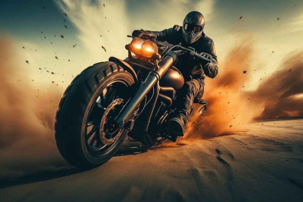 Adult with equipment riding motorcycle vehicle wheel transportation. AI generated Image by rawpixel.