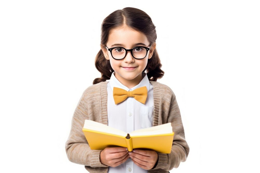 Little girl student holding a book glasses reading smile. AI generated Image by rawpixel.