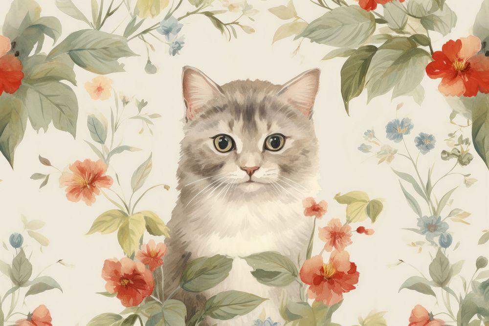 Cute cat vintage pattern animal mammal flower. AI generated Image by rawpixel.