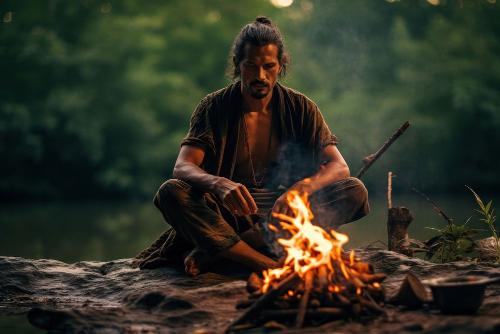 Thai man sitting fire campfire. AI generated Image by rawpixel.