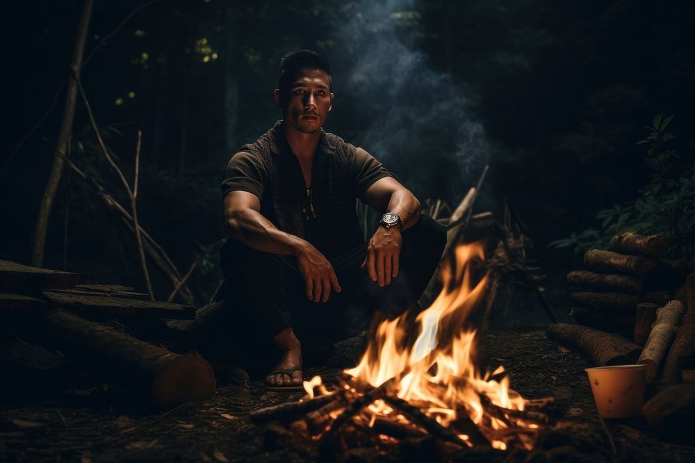 Thai man fire campfire sitting. AI generated Image by rawpixel.