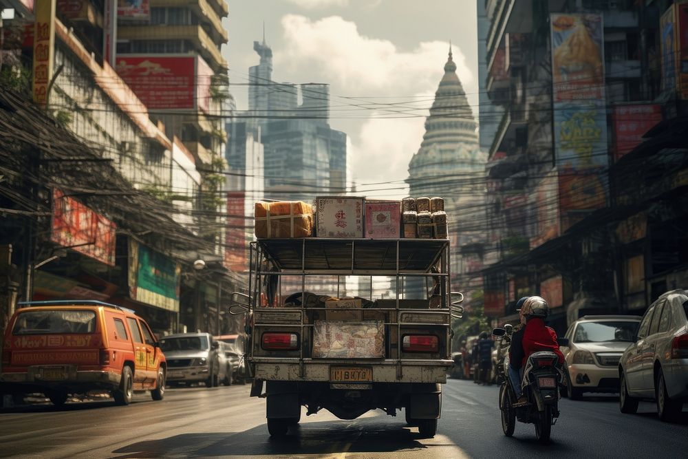 Thai person city vehicle street. AI generated Image by rawpixel.