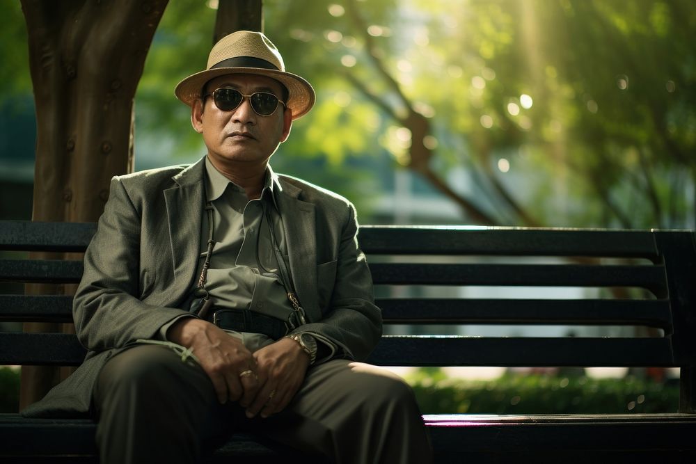 Thai uncle sitting bench glasses. AI generated Image by rawpixel.