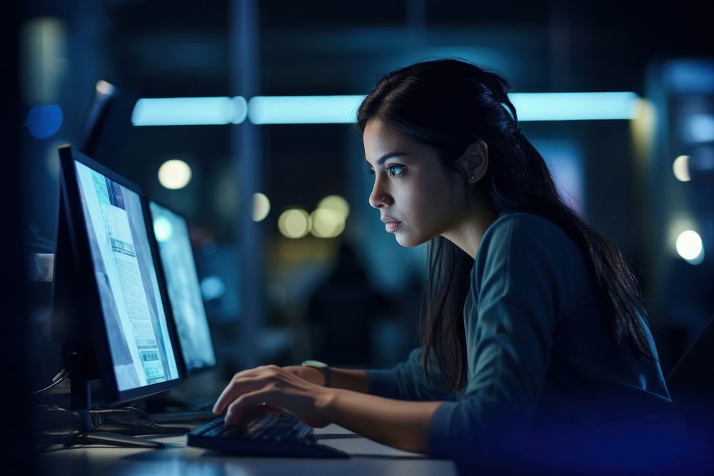 A working woman is working at computer portrait concentration surveillance. AI generated Image by rawpixel.