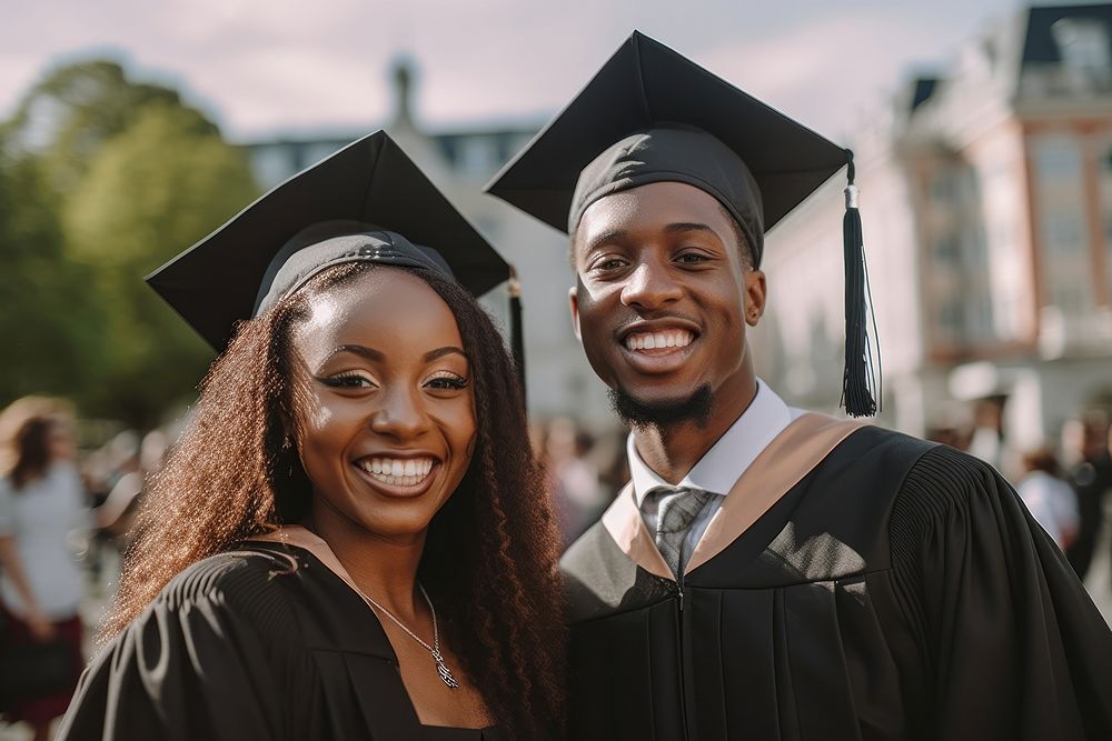 A black female and male grad students graduation university ceremony. AI generated Image by rawpixel.