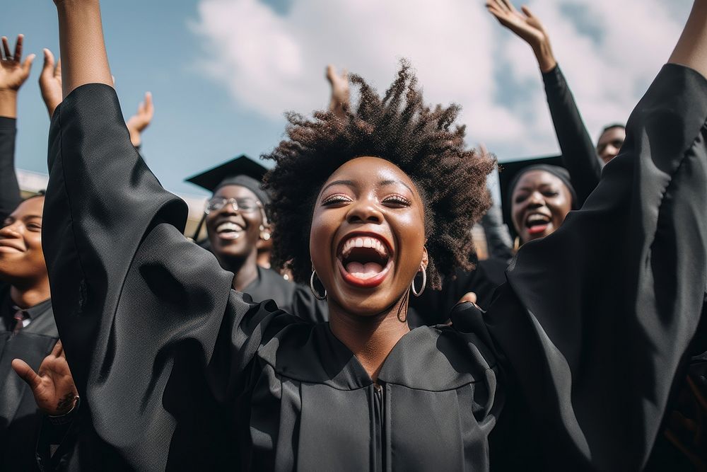 A black female and male grad students graduation university laughing. AI generated Image by rawpixel.