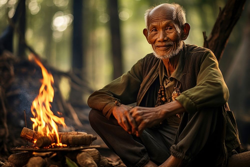 Elderly thai man sitting fire adult. AI generated Image by rawpixel.