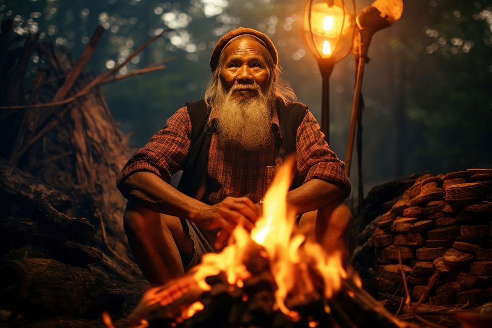 Elderly thai man fire campfire bonfire. AI generated Image by rawpixel.