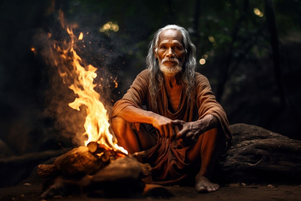 Elderly thai man fire campfire portrait. AI generated Image by rawpixel.