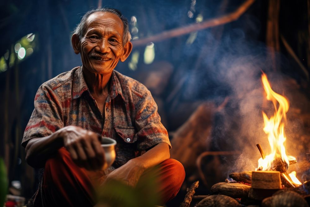 Elderly thai man fire campfire sitting. AI generated Image by rawpixel.