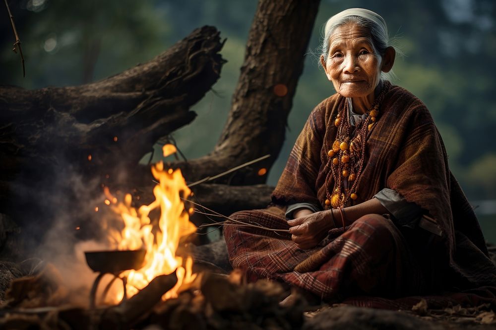Elderly thai woman fire sitting nature. AI generated Image by rawpixel.