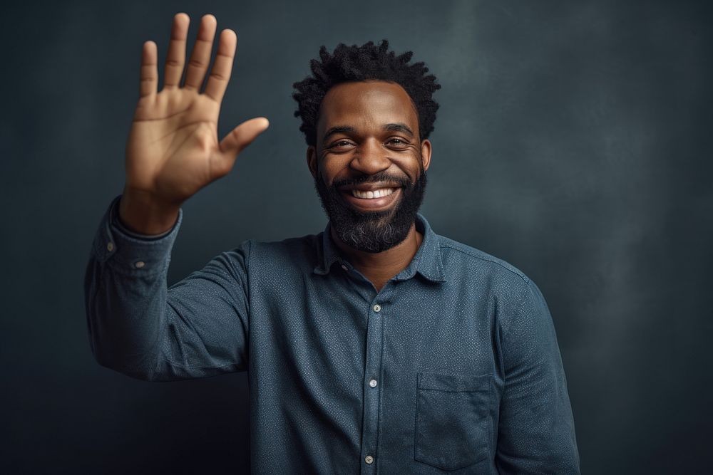 A happy african american man raises his hand portrait smile adult. AI generated Image by rawpixel.
