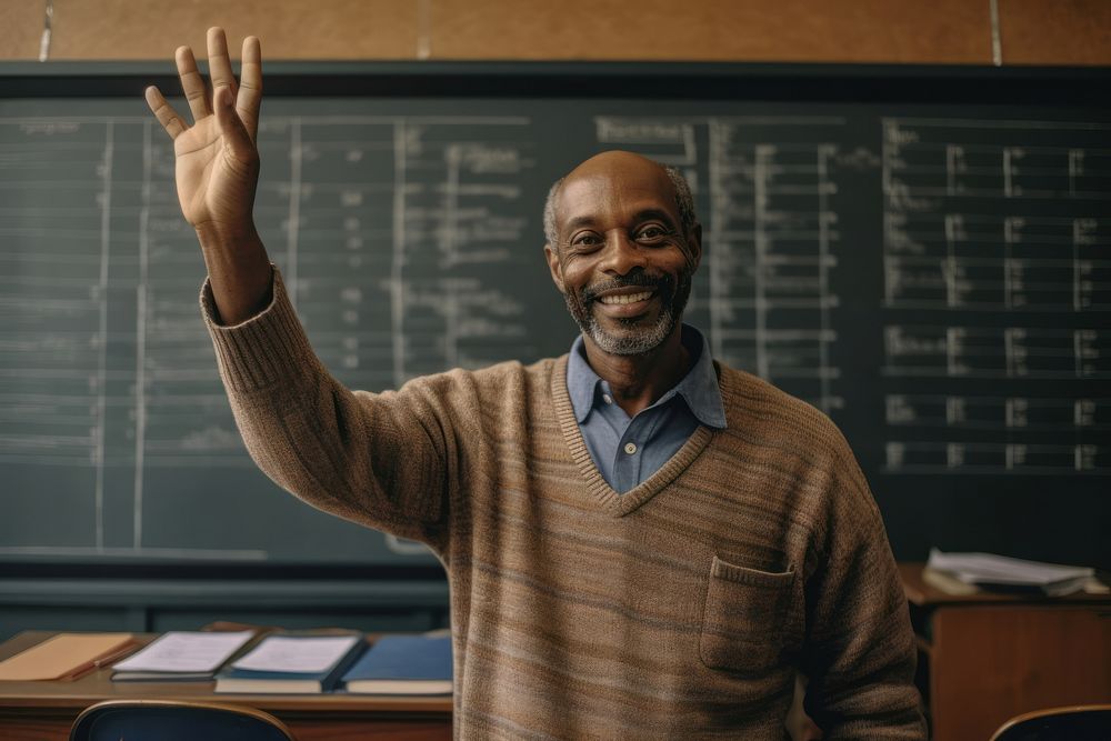 A happy african american man raises his hand classroom portrait adult. AI generated Image by rawpixel.