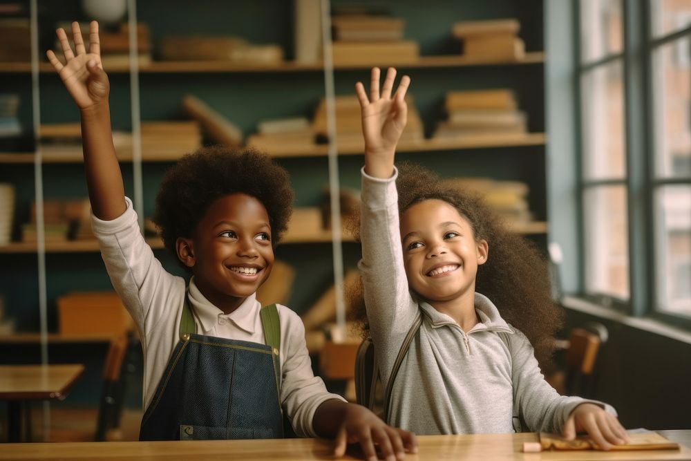 A happy african american boy and girl raises them hand school architecture classroom. AI generated Image by rawpixel.