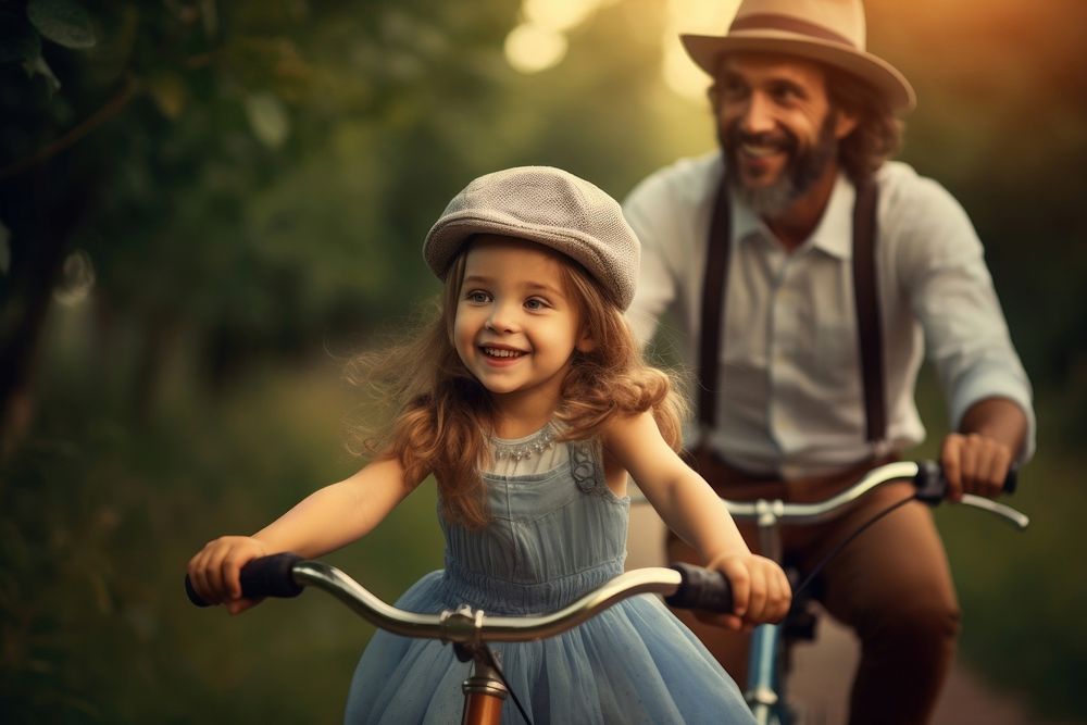 Little girl riding bicycle with her father portrait vehicle cycling. AI generated Image by rawpixel.