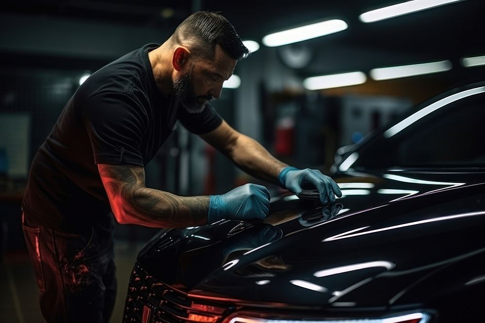 A man putting polish on the headlights car vehicle adult. AI generated Image by rawpixel.