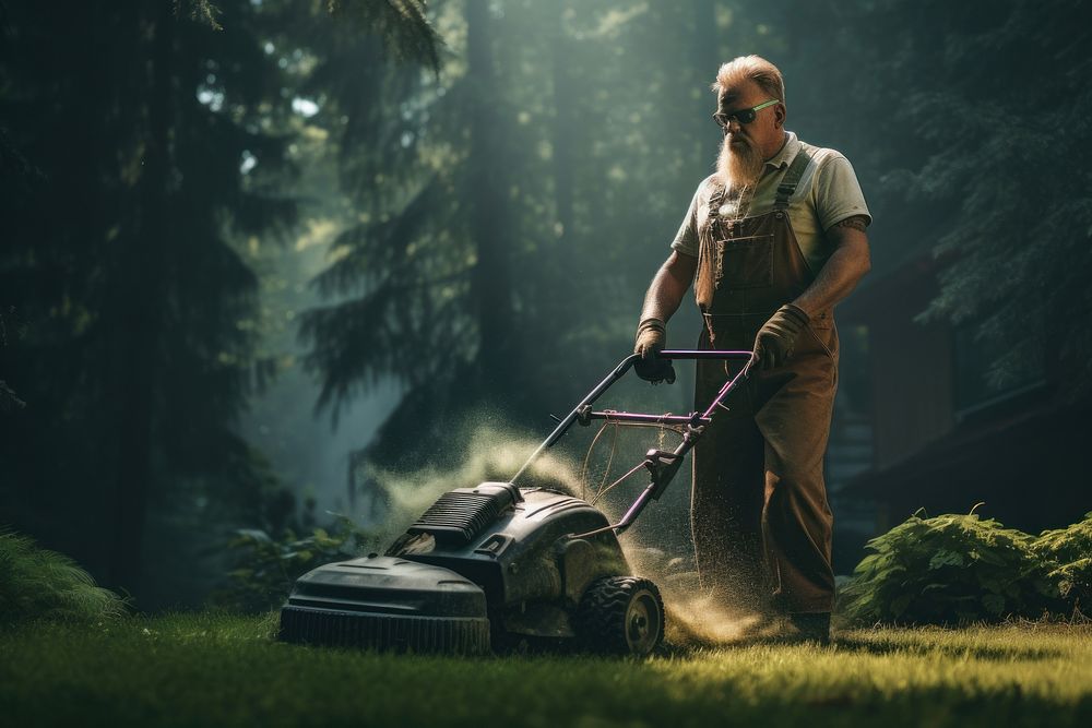 A man with a lawnmower plant grass adult. AI generated Image by rawpixel.