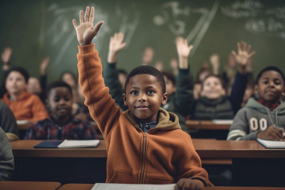 An african american boy raises his hand in his class classroom school portrait. AI generated Image by rawpixel.