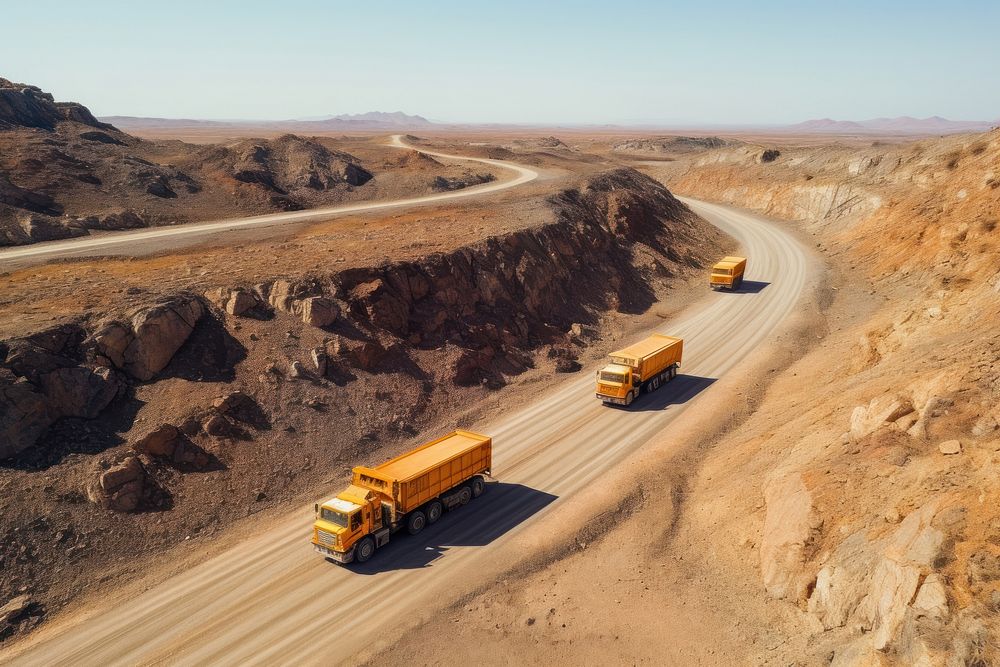 An orange road and yellow mining trucks vehicle infrastructure transportation. AI generated Image by rawpixel.
