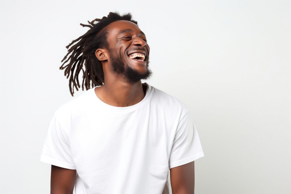 Happy African man with dreadlocks laughing t-shirt adult. AI generated Image by rawpixel.