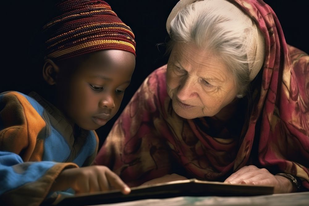 Older woman helping young american african child photography portrait reading. AI generated Image by rawpixel.