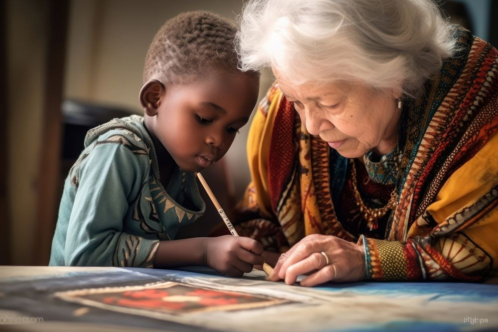 Older woman helping young american african child adult concentration togetherness. AI generated Image by rawpixel.