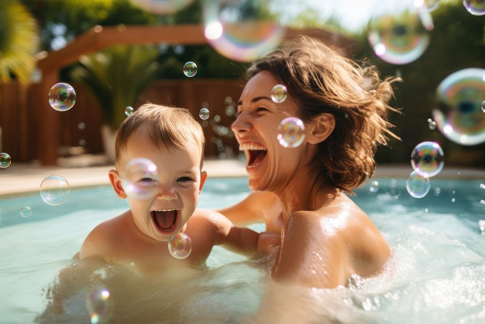 Mother and toddler enjoying the pool and inflatable bubble baby swimming laughing portrait. AI generated Image by rawpixel.