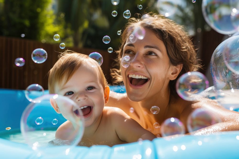 Mother and toddler enjoying the pool and inflatable bubble baby laughing outdoors portrait. AI generated Image by rawpixel.