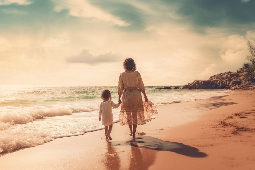 Mom and kid holding hand on the beach vacation walking family. AI generated Image by rawpixel.