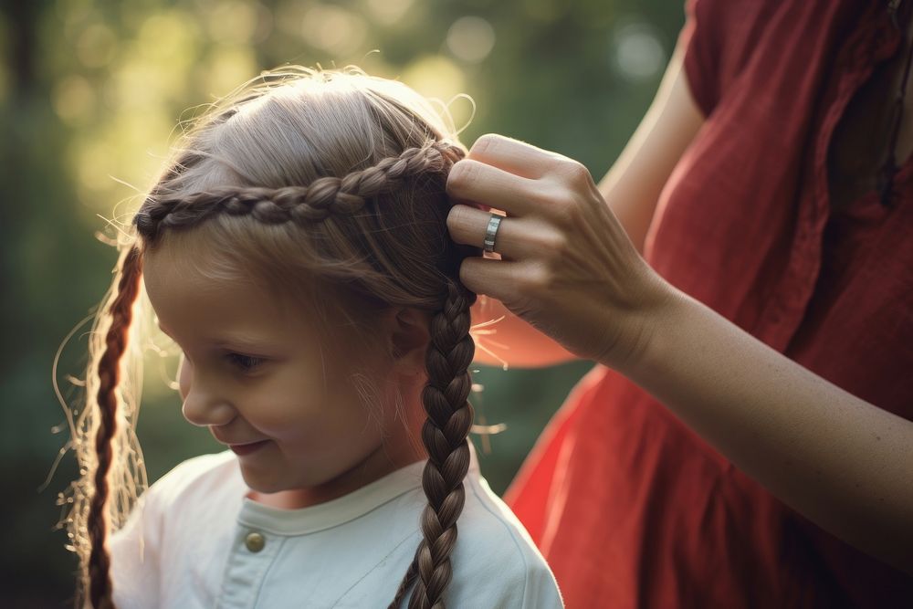 Mom braiding kid hair in the style film filter family child togetherness. AI generated Image by rawpixel.