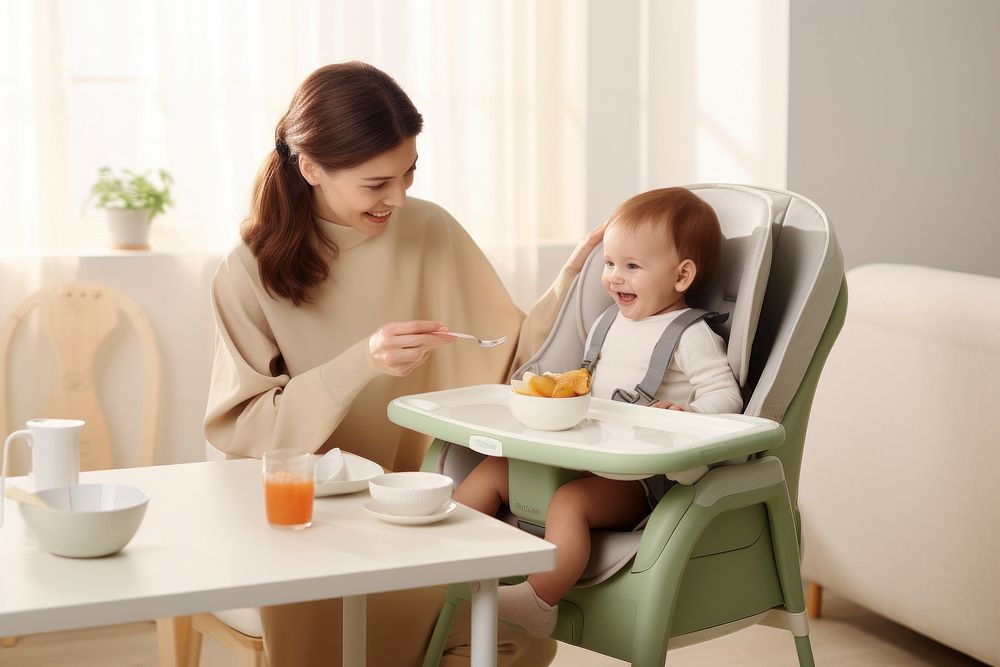 Mom feeding baby with spoon in a high chair furniture adult togetherness. AI generated Image by rawpixel.