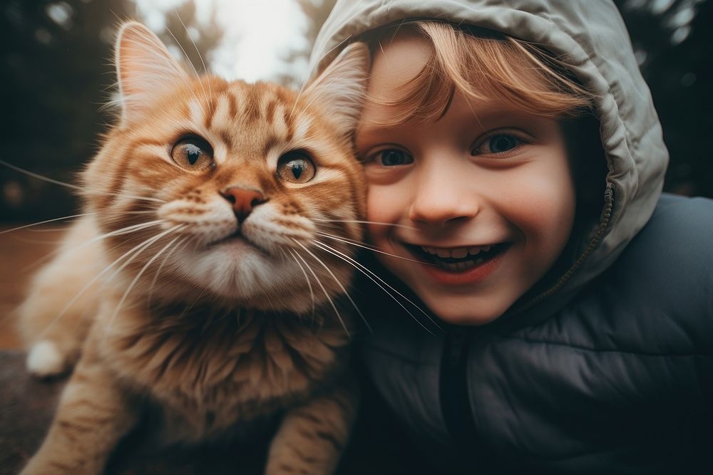 Mom look a cat and her son play together portrait mammal animal. AI generated Image by rawpixel.