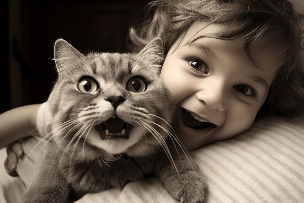 Mom look a cat and her son play together portrait mammal animal. AI generated Image by rawpixel.