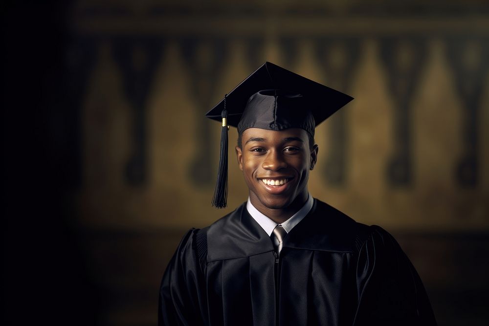 Smiling african american college student graduation black graduation gown. AI generated Image by rawpixel.