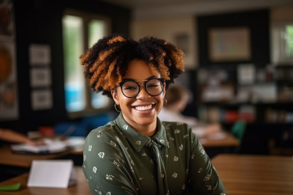 Smiling african american woman teacher glasses adult smile. AI generated Image by rawpixel.