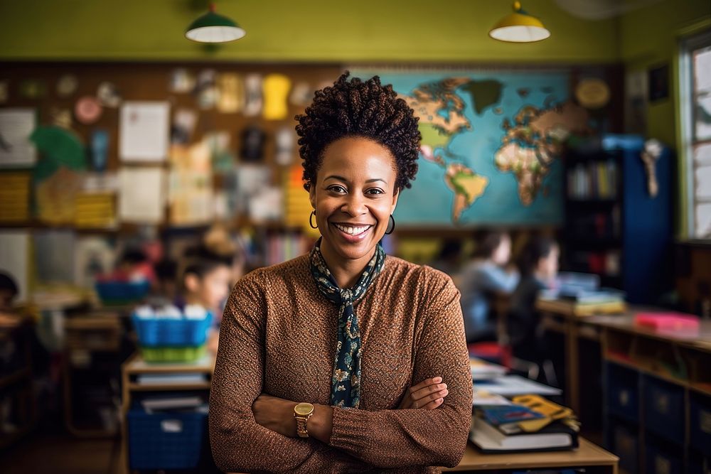 Smiling african american woman teacher smile entrepreneur technology. AI generated Image by rawpixel.