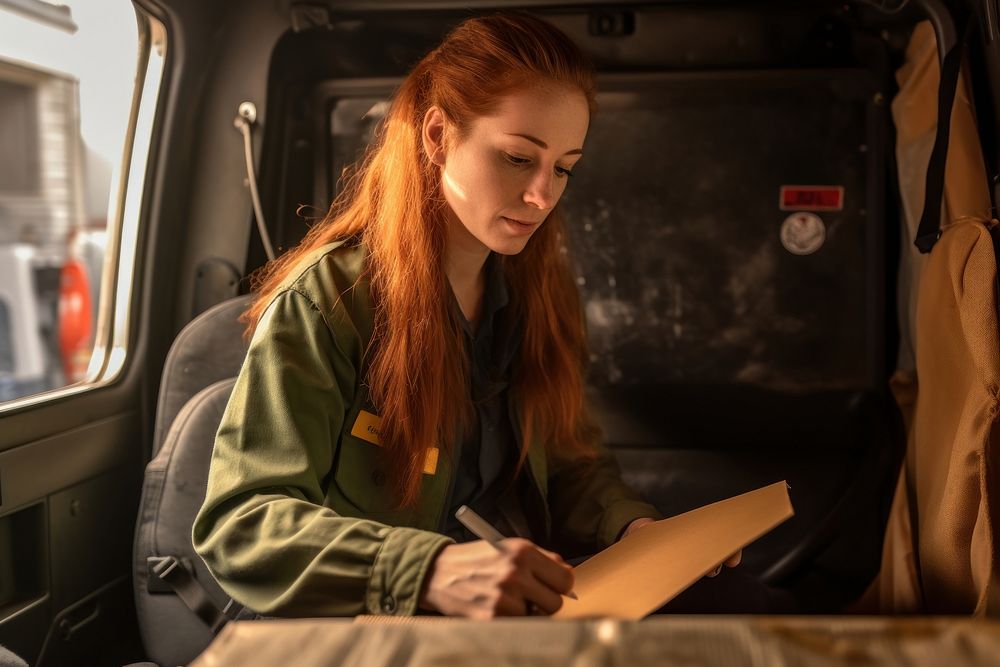 A courier woman sitting reading car. AI generated Image by rawpixel.