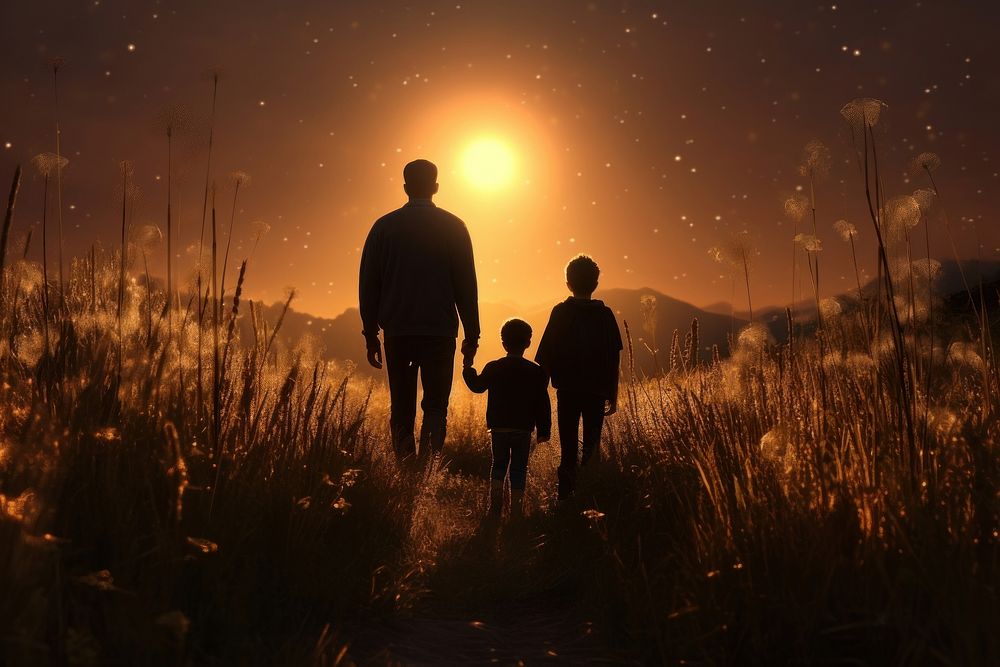 Silhouette of a family walking backlighting outdoors. 