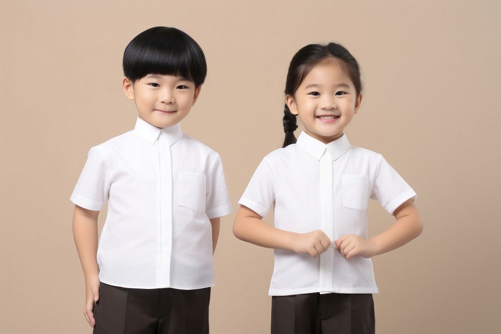 Two asian kids dresses blank white mandarin collar shirt sleeve child happy. AI generated Image by rawpixel.