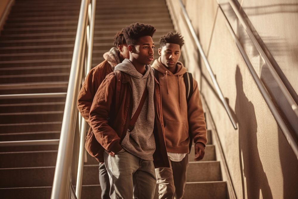 Two young black college students walking stairs jacket. AI generated Image by rawpixel.