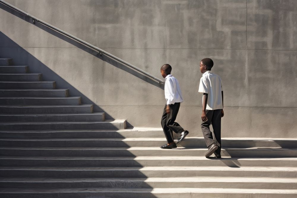 Two young black students walking footwear stairs. AI generated Image by rawpixel.