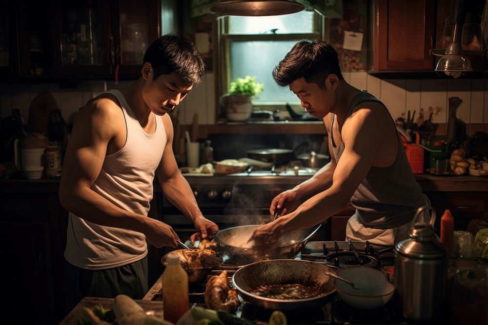 Asian teeagers cooking kitchen adult home. AI generated Image by rawpixel.