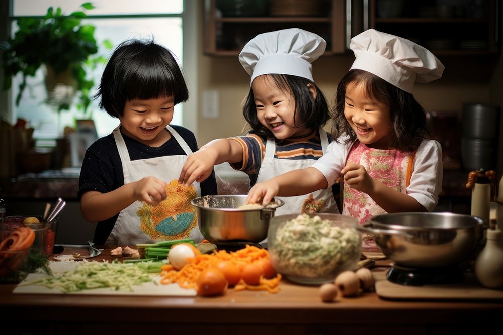 Asian kids cooking child home food. AI generated Image by rawpixel.